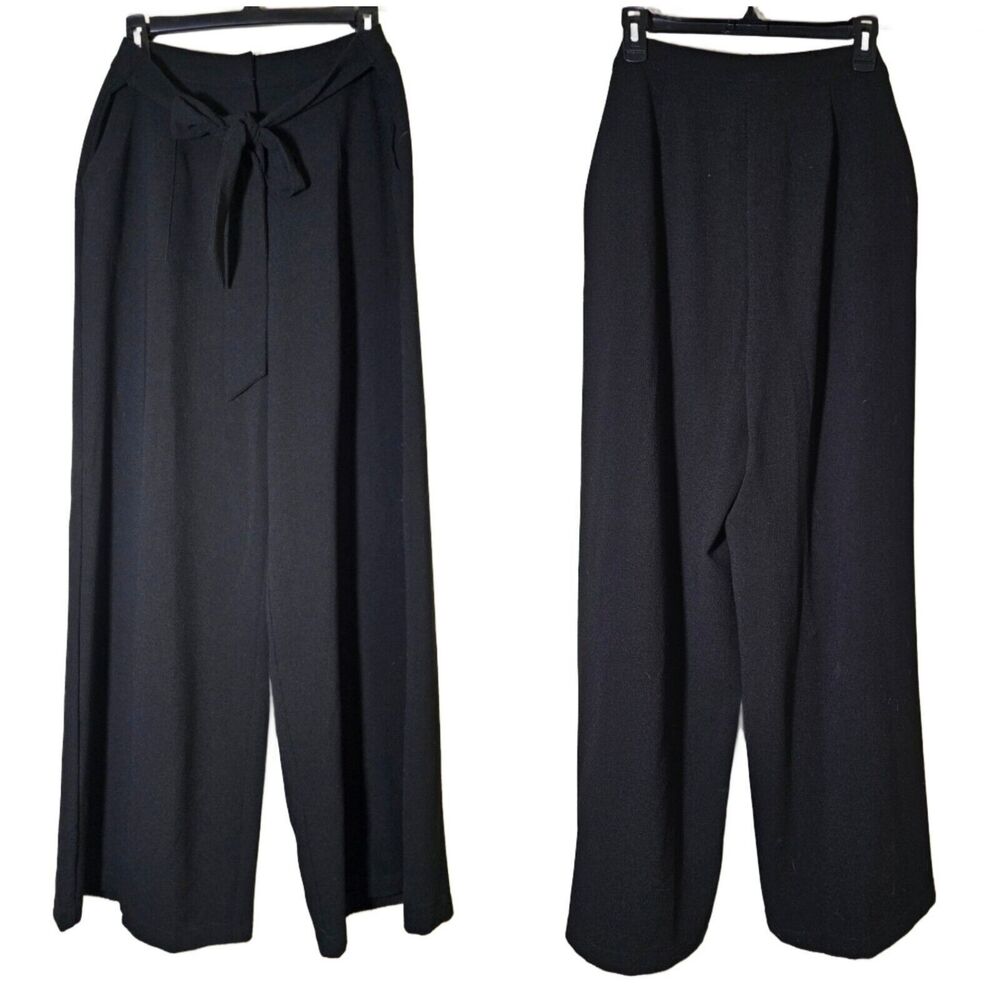 June & Hudson Black Trouser Pants Size Large Wide Leg Tie Accent
